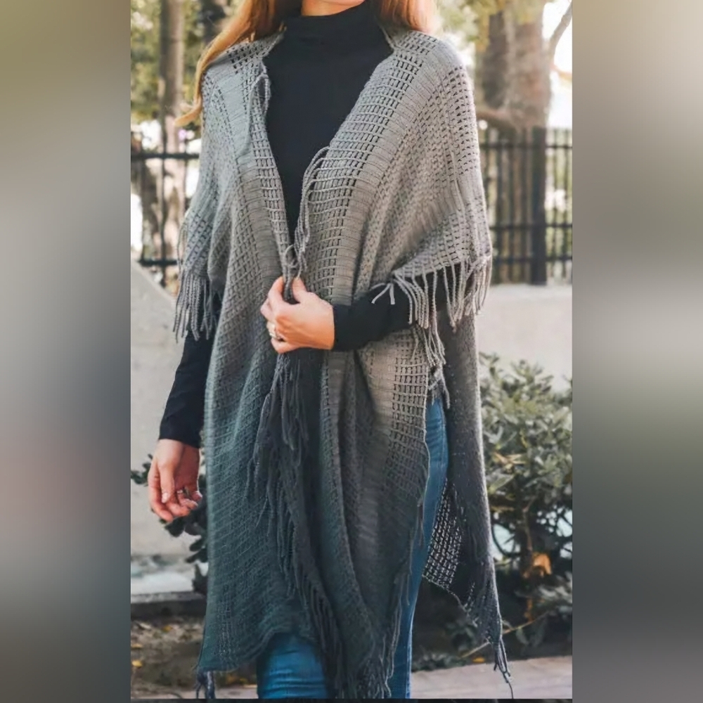 Trendy  Gray/Slate Blue "Ombre" Fringe Cardigan Sweater
